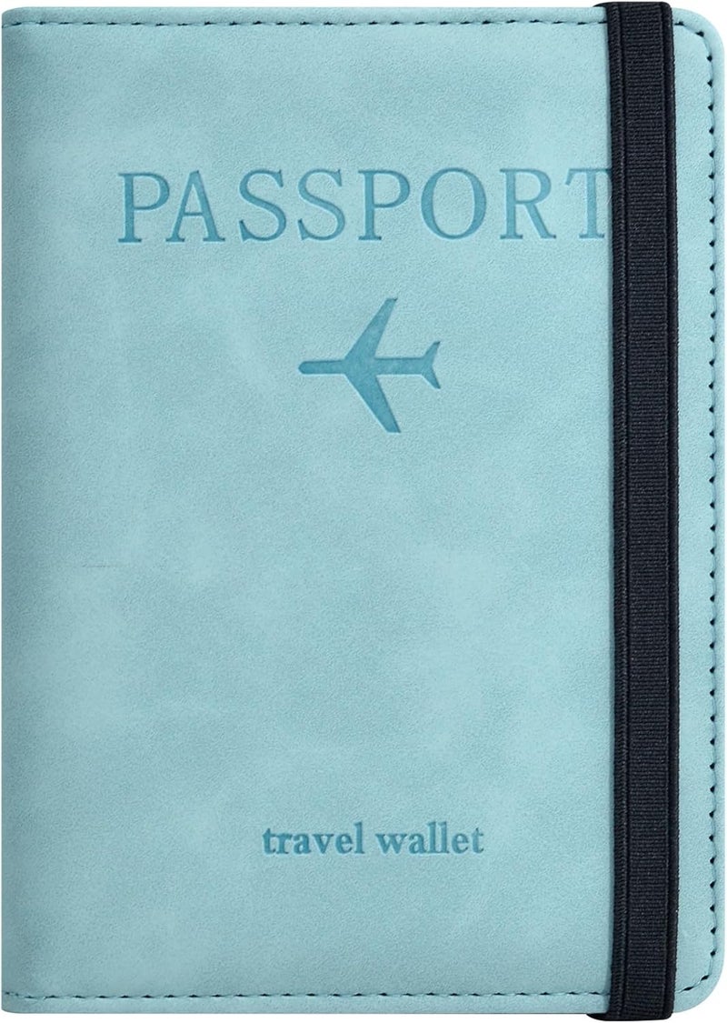 KAOBAN Passport Holder, Passport Cover with Credit Card Slot and Boarding Pass Slot Combo, Passport Wallet Case Book Travel Must Have, RFID Blocking Leather Travel Accessories, Sky Blue - Image 1